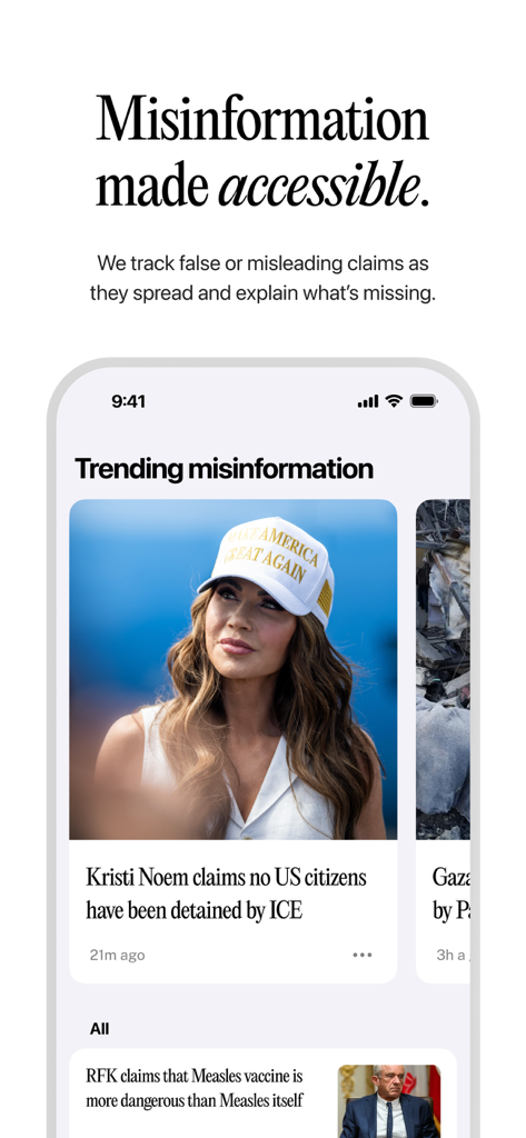 Interval News - A screenshot of the Interval News app showcasing its misinformation tracking section with trending claims and evidence-based analysis.