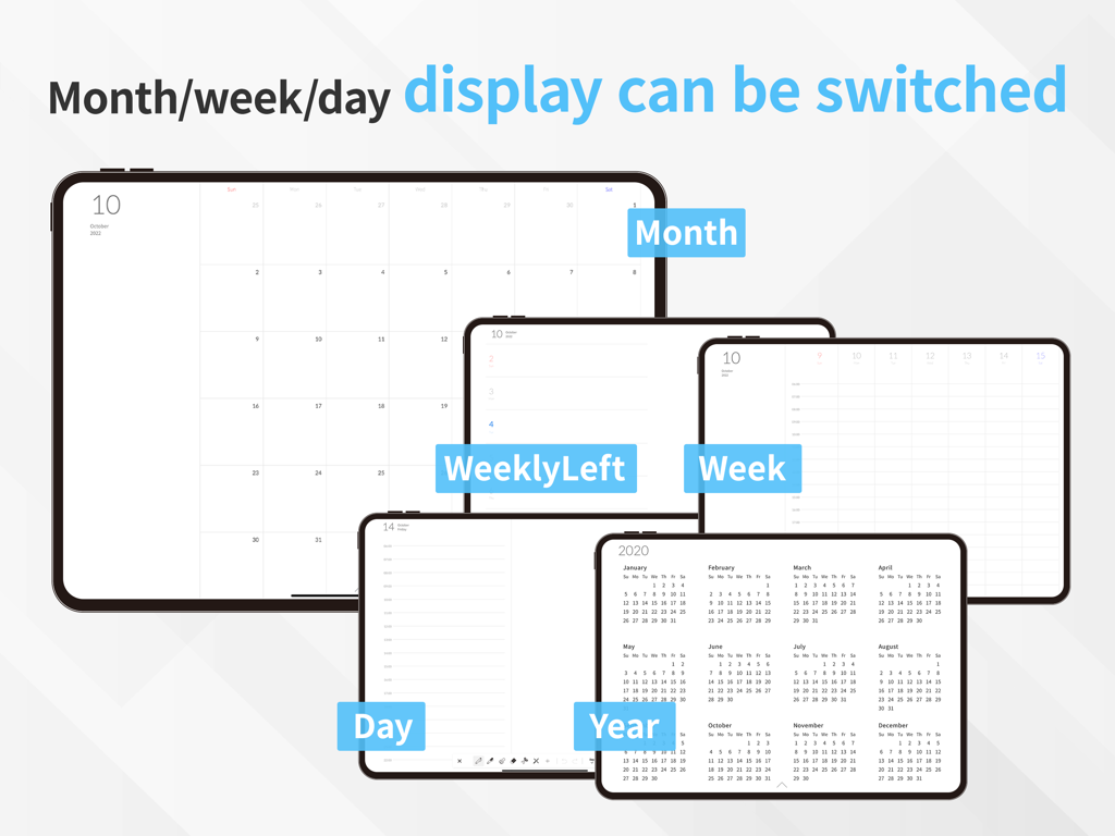 iPad上の月、週、日の表示を含む、さまざまなカレンダー表示。iPad上で月、週、日の表示を含む、さまざまなカレンダー表示。
