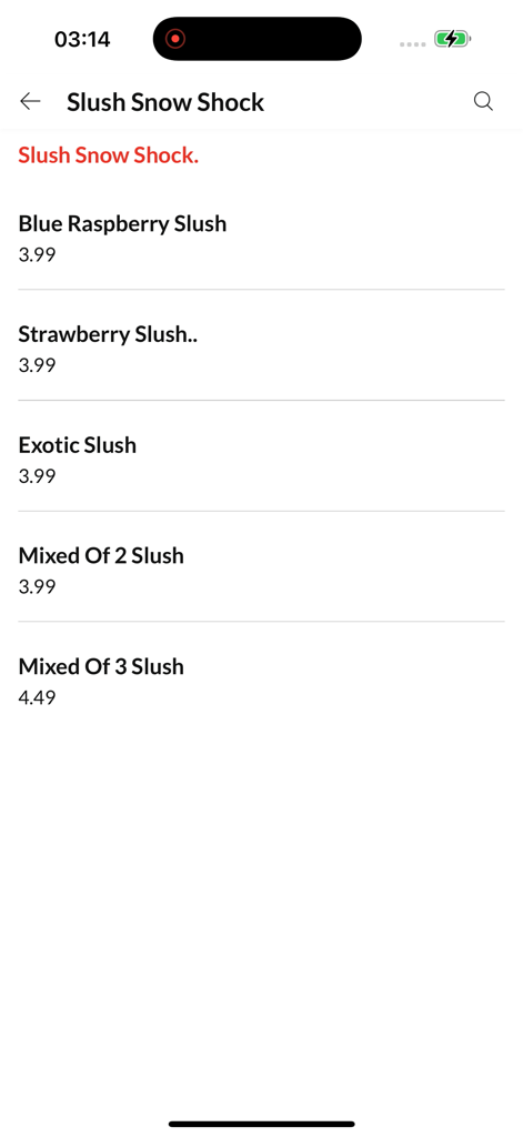 Pizzaholic. - A list of slushy drink options and prices on the Pizzaholic app menu