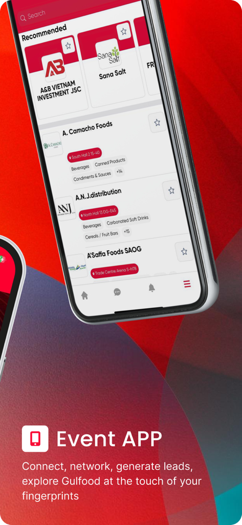 Interfaccia dell'app mobile Gulfood che mostra un elenco di espositori di alimenti e bevande con tag di posizione e categoria.
