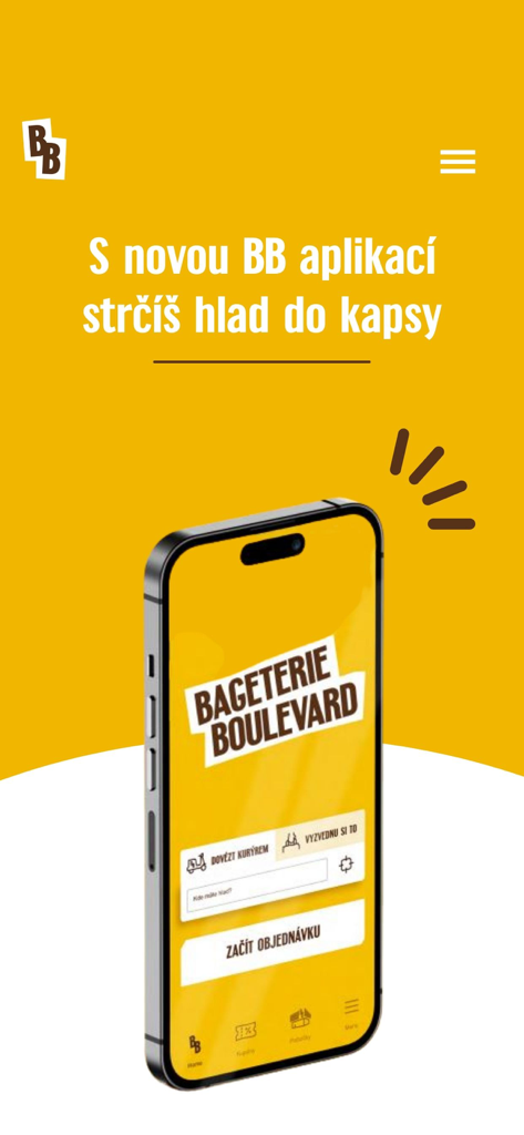 Bageterie Boulevard - 黄色い背景に、料理注文用のバゲテリー・ブールバールアプリのインターフェースを表示するスマートフォン。