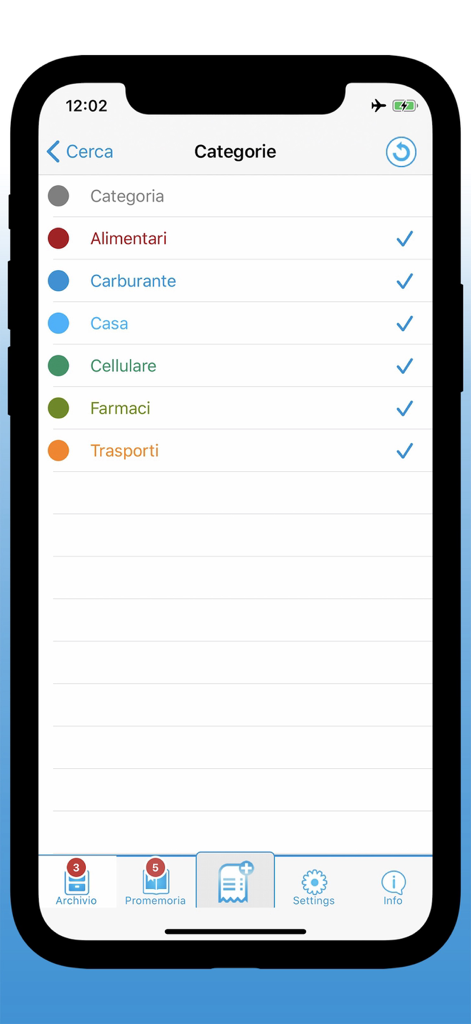 Screenshot of the aBill app showing a list of customizable expense categories such as groceries fuel and home