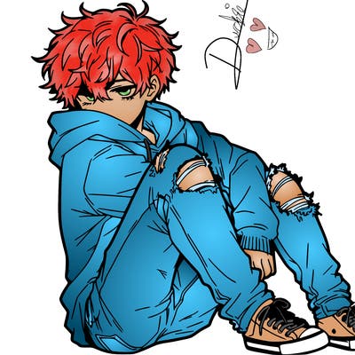 a male hoddie ripped jeans messy hair anime