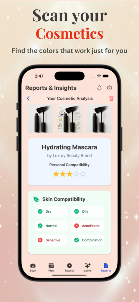 Makeup Check AI - AI Makeup - Pantalla de la aplicación móvil que muestra la función de análisis cosmético para una máscara de pestañas hidratante con resultados de compatibilidad con la piel y valoraciones personales.