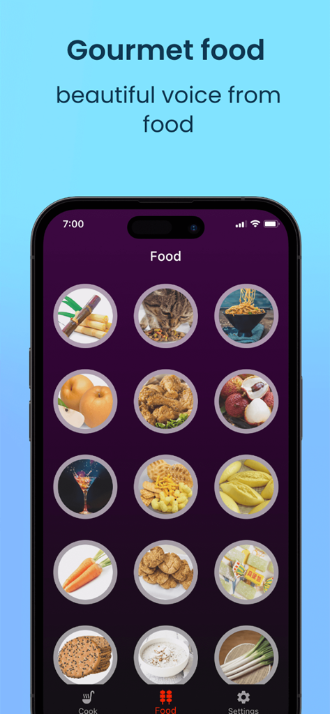 Crunchy - Food White Noise - Pantalla de smartphone que muestra la selección de sonidos gourmet de comida en la aplicación Crunchy