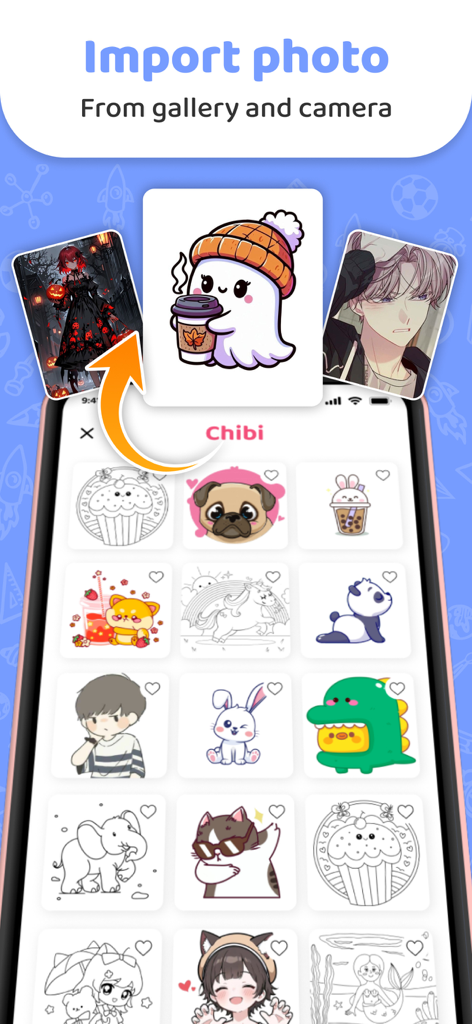 AR Drawing app screen showing import photo options and chibi character sketch templates
