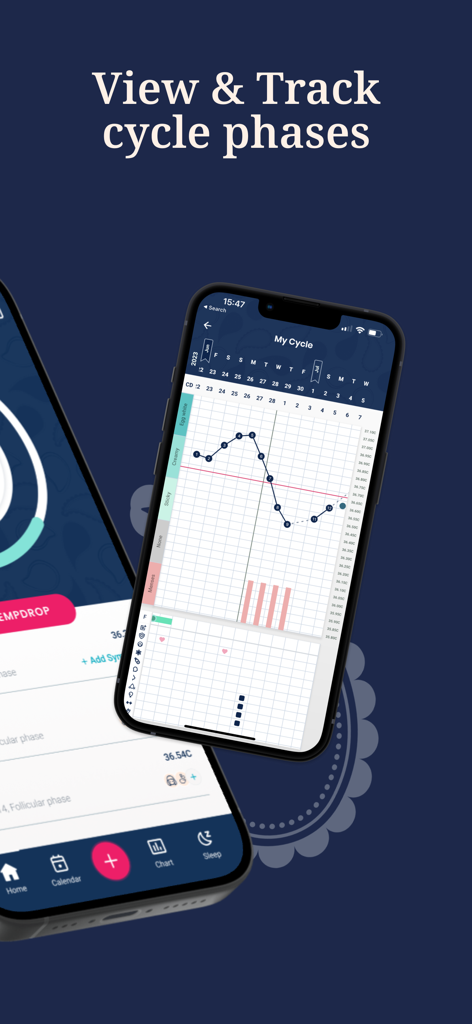 App mobile Tempdrop che mostra un grafico dettagliato della temperatura corporea basale e del monitoraggio del ciclo mestruale su uno schermo di smartphone.