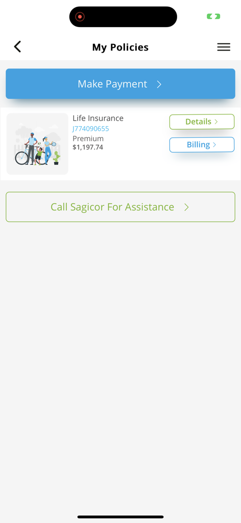 Sagicor Go app My Policies screen showing life insurance premium details and payment options