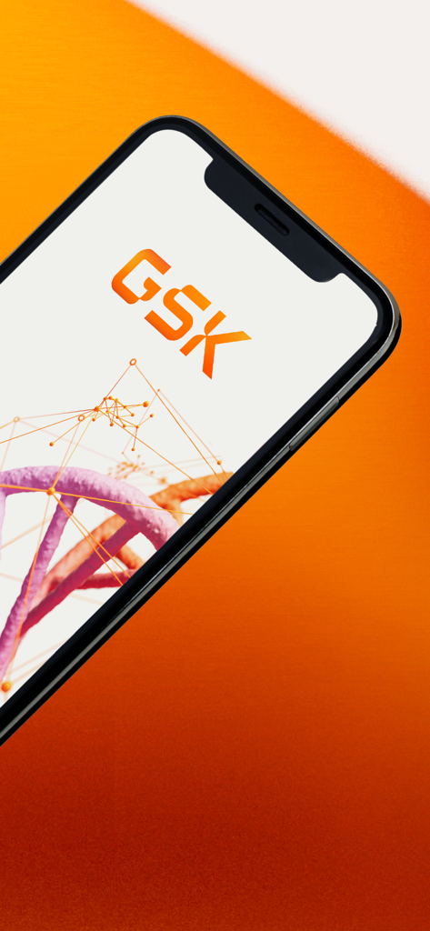 GSK events - GSK Events app splash screen showing the company logo and a DNA helix on a mobile device
