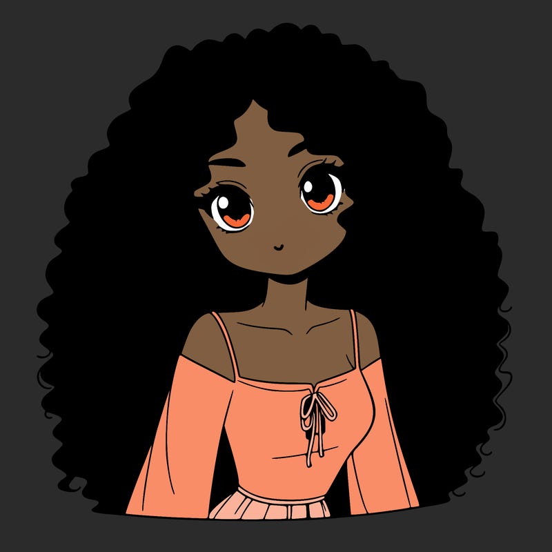 a black anime girl with long afro hair