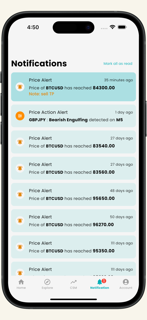 Aplicativo Alerta de Preço Forex mostrando histórico de notificações de preço e padrões de candlestick.