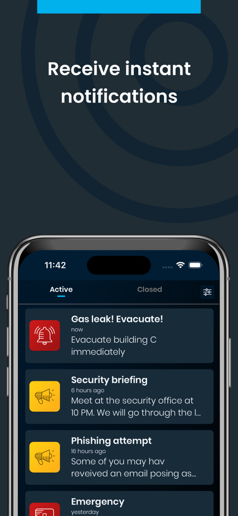 TeamAlert mobile app interface displaying active emergency alerts such as gas leak evacuation and security briefings