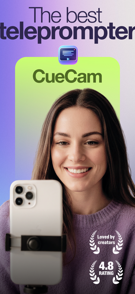 CueCam: Video Teleprompter - Una mujer usando la aplicación de teleprompter CueCam para grabar un vídeo de alta calidad en su iPhone.