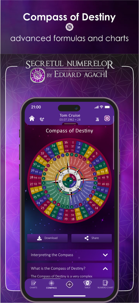The Secret of Numbers - Un gráfico detallado de la Brújula del Destino numerológico dentro de la aplicación móvil El Secreto de los Números.
