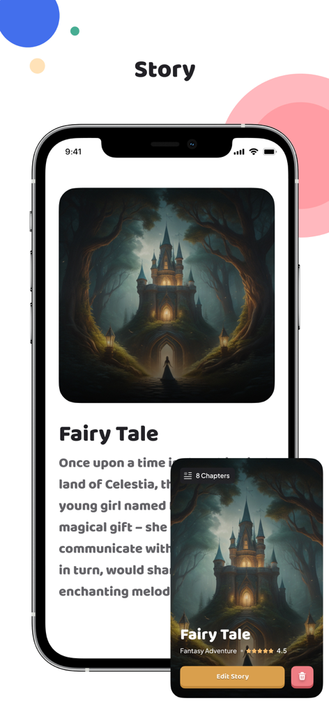 Story Mii - Story Mii mobile app showing a personalized fairy tale with a magical castle illustration and story text