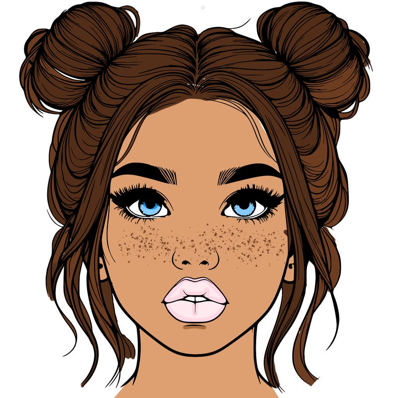 realistic girl with two buns on her hair and lips