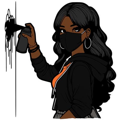 realistic girl with mask spray painting a wall