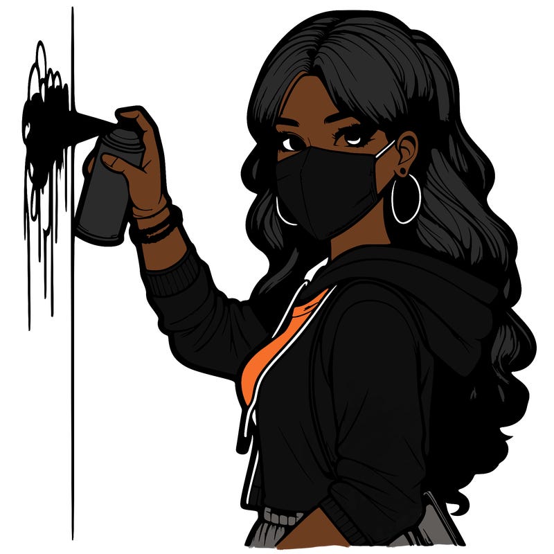 realistic girl with mask spray painting a wall