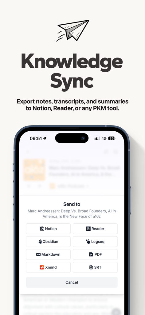 Podwise app Knowledge Sync interface showing export options to Notion Obsidian and other PKM tools