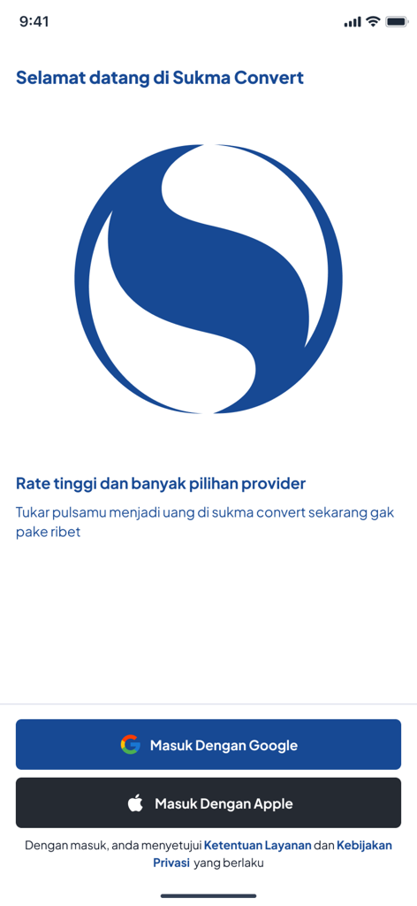 Welcome screen of the Sukma Convert app displaying the company logo and social login options for Google and Apple.