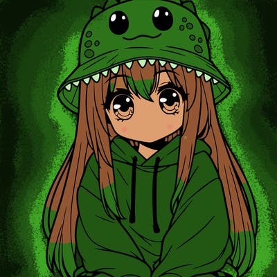 girl with anime shaped eyes with a dinosaur bucket hat oversized sweatshirt long straight hair