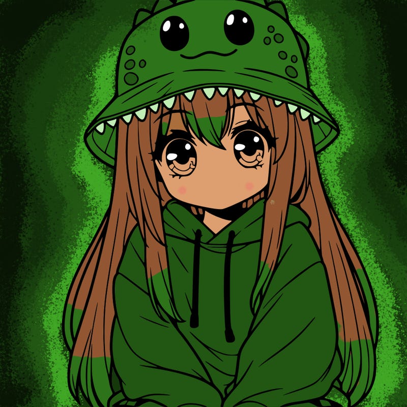 girl with anime shaped eyes with a dinosaur bucket hat oversized sweatshirt long straight hair