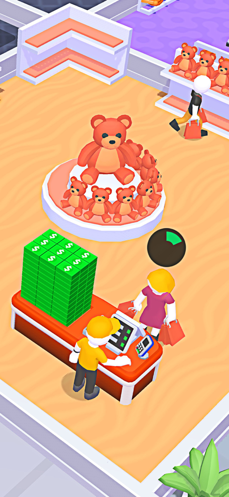 My Mini Mall: Mart Tycoon Game - A 3D gameplay scene of My Mini Mall showing a character at a checkout counter with stacks of cash and teddy bear displays