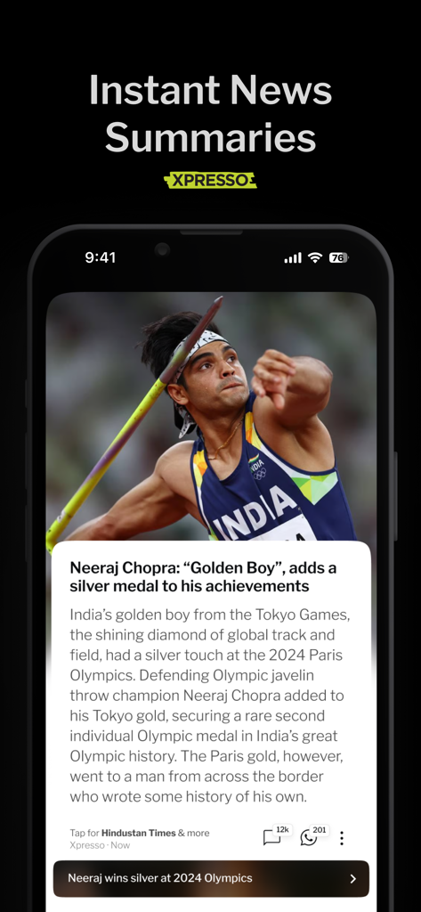 Dailyhunt app Xpresso feature displaying an instant news summary of Neeraj Chopra winning silver at the Olympics