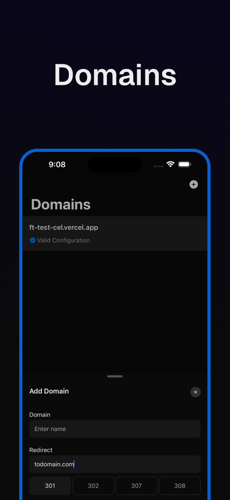 Vercel Mobile — Rev - A mobile interface from the Rev app showing a list of Vercel project domains and a form to add a new domain with redirect options.