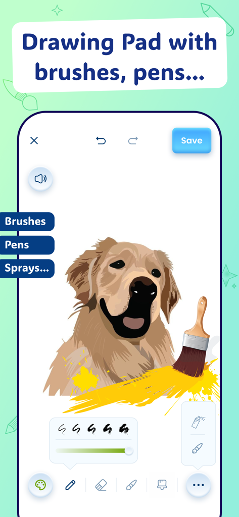 AR Drawing & Tracing - DrawToo - Interface of DrawToo app showing the Drawing Pad feature with a digital painting of a dog and selection of brushes and pens
