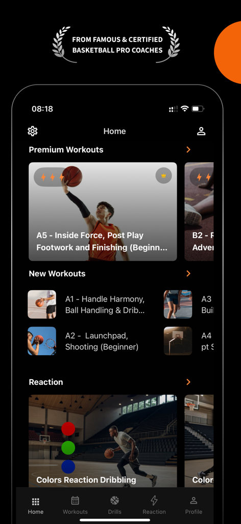 SpotBasket Basketball Training - SpotBasket mobile app home screen featuring premium basketball workouts and reaction training drills