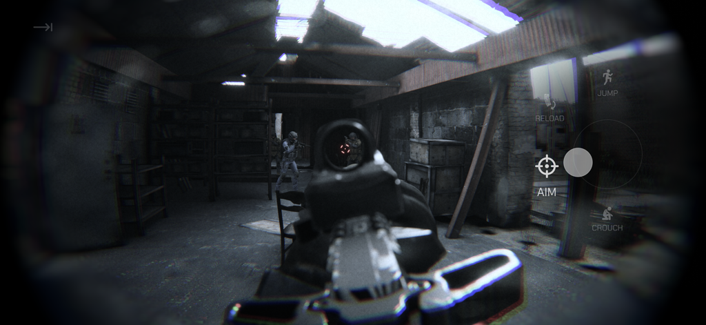 Tactical first person perspective from a bodycam in a gritty indoor warehouse environment