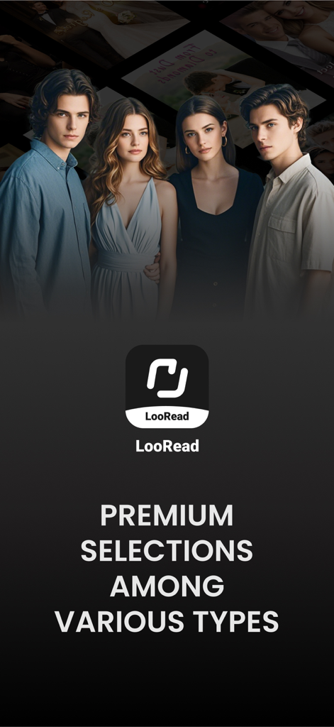 LooRead app screen featuring four romantic characters and premium story selections