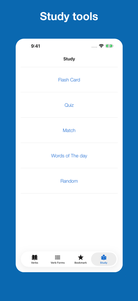 English Verb Conjugation - Interface do aplicativo de Conjugação de Verbos em Inglês mostrando o menu de ferramentas de estudo com opções para cartões de memória e questionários.