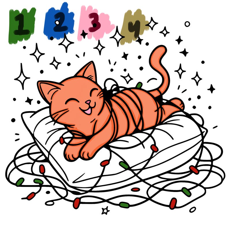 a cat happily tangled in glowing lights, lounging on a big cushion, clean lines, simple design, uncomplicated, tatoo desing