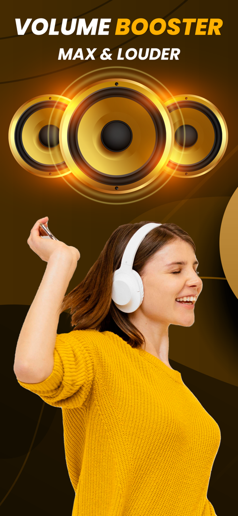 Equalizer Fx : Volume Booster - A happy woman wearing white headphones enjoying loud music with three glowing speakers above her