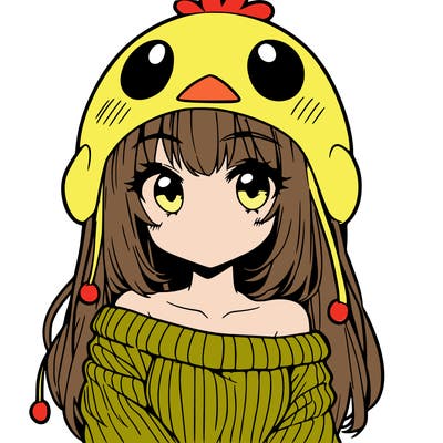anime girl with chick shaped hat with sweater with bare shoulders with bangs covering them one eye with low tail