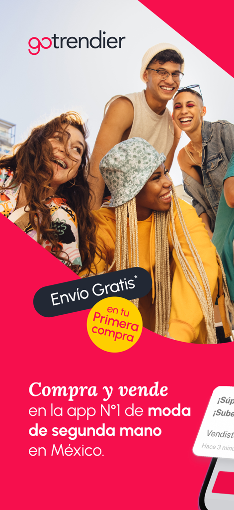 GoTrendier Compra y vende moda - 中古ファッションと送料無料を宣伝する、GoTrendierアプリ画面上の笑顔の若者グループ