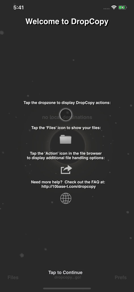 Welcome screen of the DropCopy app providing instructions for file sharing and navigation