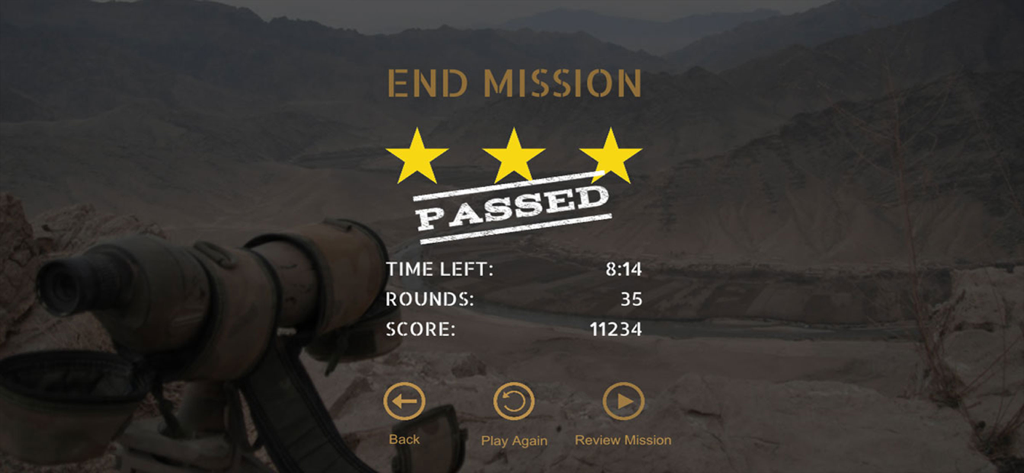 End mission screen in Call For Fire app showing a three star rating and mission statistics over a mountainous desert landscape