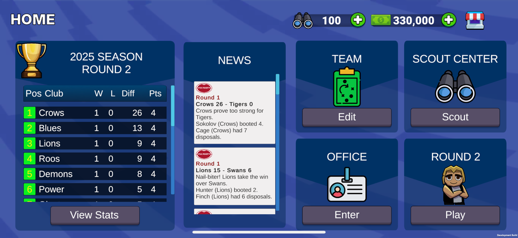 Footy Mayhem - Footy Mayhem game dashboard showing season standings and management menu