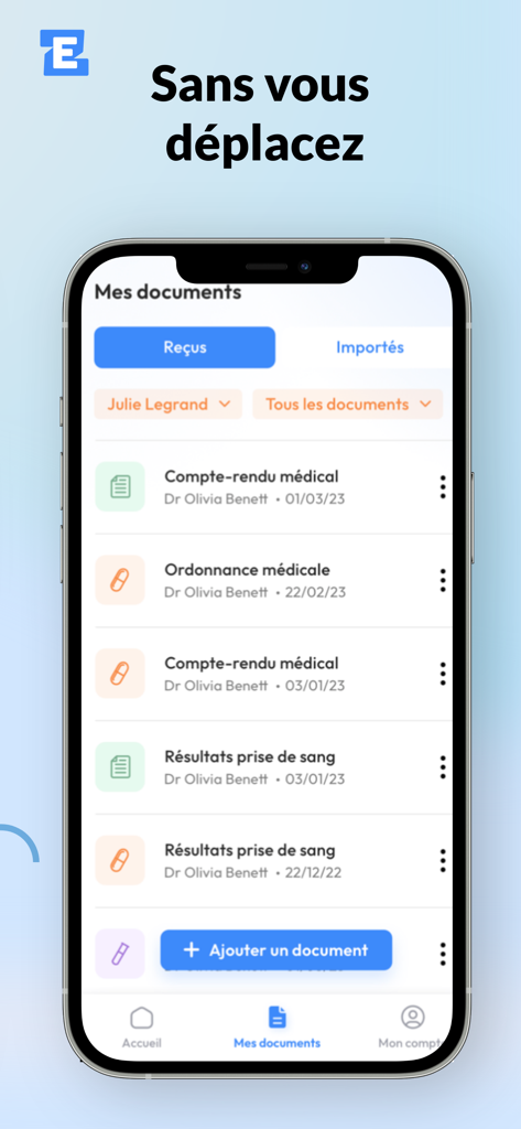 EZRA | Téléconsultation 7/7J - Interface of the EZRA mobile app showing a digital vault of medical reports, prescriptions, and test results.