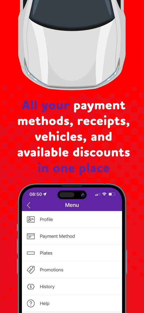 Menu da conta da aplicação Sippi mostrando métodos de pagamento, matrículas e promoções