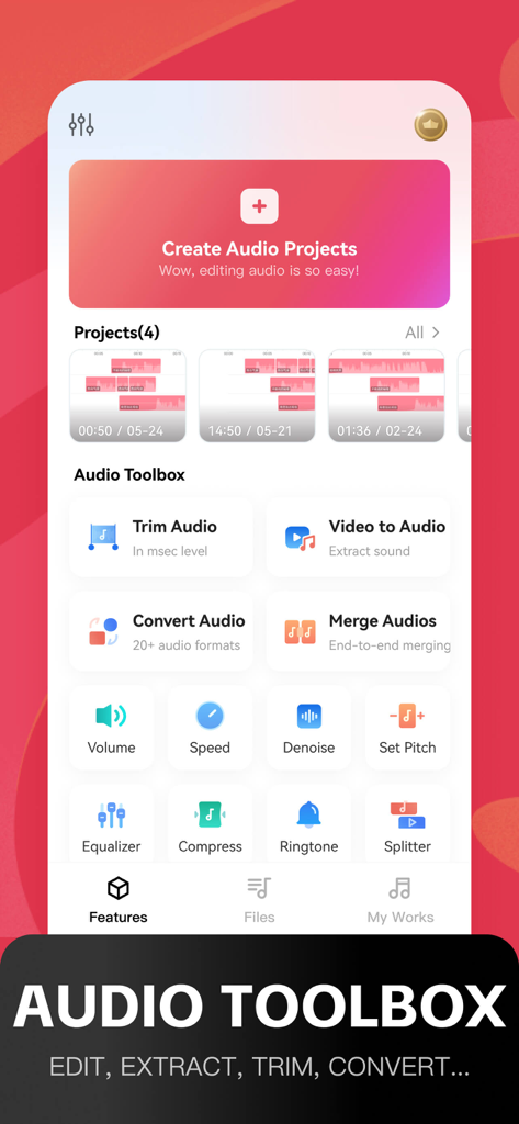 Audio Editor: MP3 Converter - Painel principal do aplicativo Editor de Áudio mostrando a Caixa de Ferramentas de Áudio com recursos para cortar, converter e extrair áudio.
