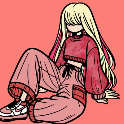 a girl with baggy pants and a crop top with long hair