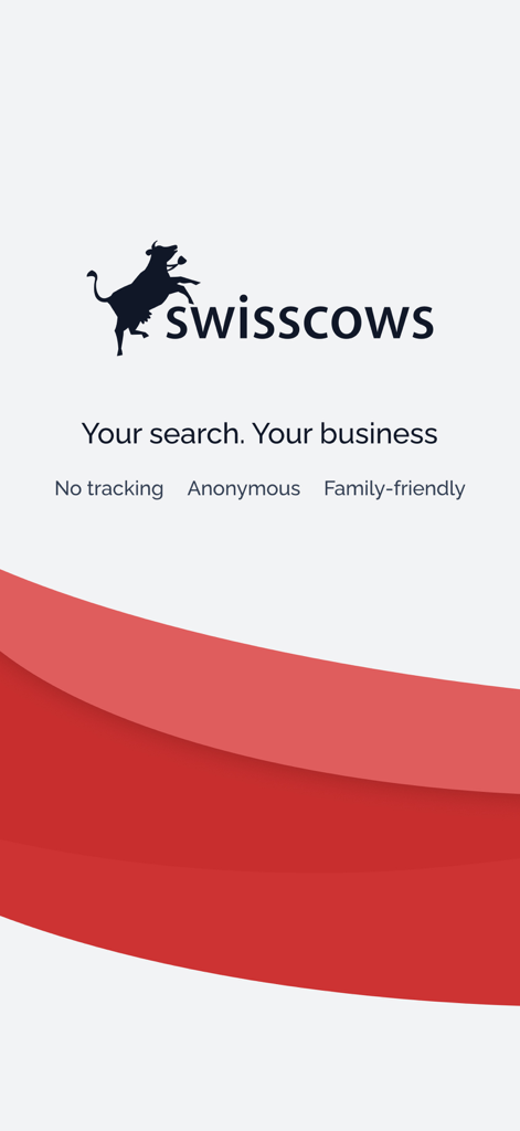 Écran de démarrage de Swisscows Recherche Privée avec le logo et les fonctionnalités de confidentialité, y compris l'absence de suivi et la recherche anonyme.