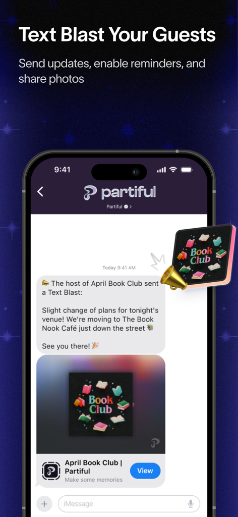 Ein Mobiltelefon, das eine Partiful Invites Text-Blast-Nachricht für ein Event-Update anzeigt.