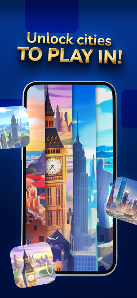 Lingo - official word game - 런던과 뉴욕과 같은 잠금 해제 가능한 글로벌 도시 위치를 보여주는 링고의 프로모션 스크린샷