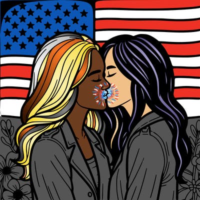 two women kissing in front of the usa flag realistic
