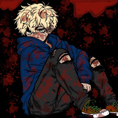 a male hoddie ripped jeans messy hair anime